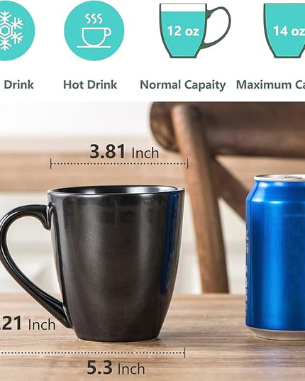 vicrays Coffee Mug Set, 12 Ounce, Ceramic Mug for Men, Women, Unique Glazed Mugs with Handle for Coffee, Tea, Milk, Cocoa, Cereal - Set of 6 Black