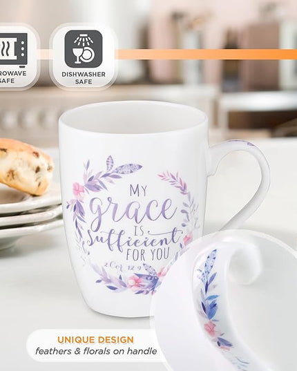 Christian Art Gifts Encouraging Ceramic Coffee & Tea Scripture Mug for Women: My Grace Is Sufficient Inspirational Bible Verse, Microwave/Dishwasher Safe, Cute Drinkware, White & Purple Floral, 12 oz.