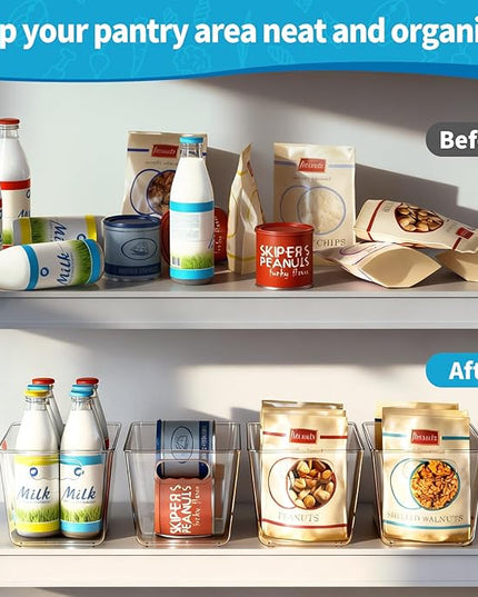 Clear Pantry Organizer Bins, Storage Containers & Plastic Containers with Handle, Cabinet Organizer, Home Organization Must Haves for Kitchen, Laundry Room, Office, Closet & Freezer (6 Pack)