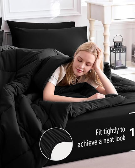 CozyLux Oversized King Comforter Sets Black, 7 Pieces Bed in a Bag, Ultra-Soft All Season Bedding Sets with Stitch Quilted Comforter, Flat Sheet, Fitted Sheet, Pillowcases, Black