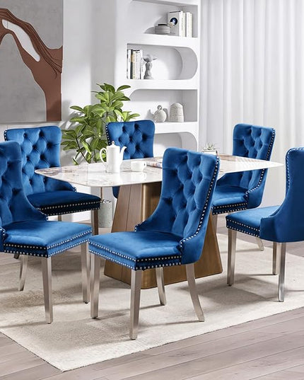 SoarFlash Velvet Dining Chair Set of 6, Upholstered Tufted Dining Room Chair with Nailhead Trim and Solid Silver Plated Leg for Kitchen(Blue)