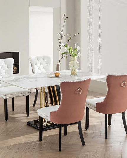 SoarFlash Leather Dining Chairs Set of 4, Tall Back Side Chair, Modern Upholstered Side Chair with Button Back Ring, Solid Wood Legs (Pink&White)