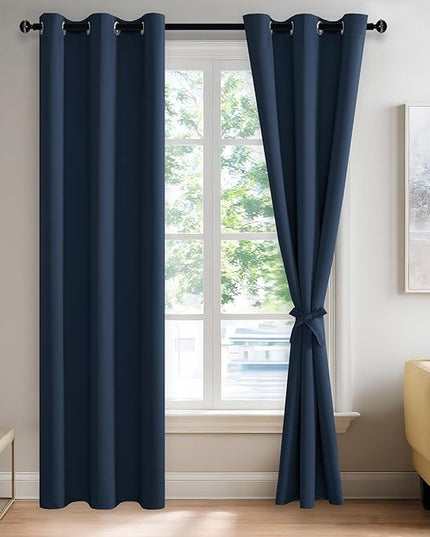 JIUZHEN Navy Blackout Curtains with Tiebacks - Thermal Insulated, Light Blocking/Noise Reducing Grommet Curtain Drapes for Bedroom/Living Room, Set of 2 Window Curtain Panels, 42 x 84 Inch Length