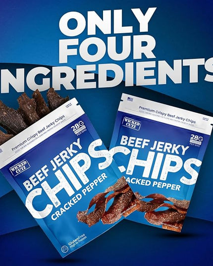 Wicked Cutz Cracked Pepper Beef Jerky Chips, 28g Protein per Bag, Crispy & Crunchy Beef Jerky Crisps, USA Made Pepper Flavored Chips, High Protein Carnivore Snacks (2 Bags)