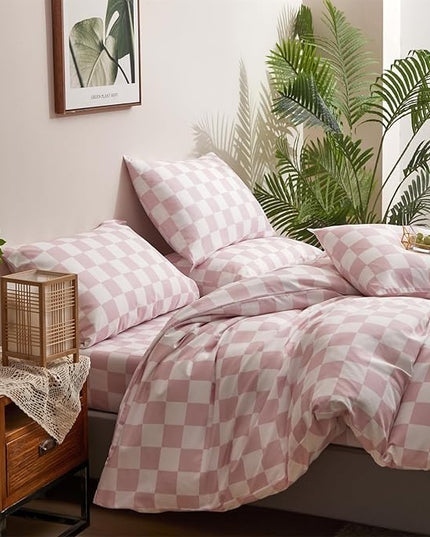CLOTHKNOW Pink Plaid Comforter Set California King 3Pcs Pink White Bedding Comforter Sets Checker Comforter Soft Grid Comforter Sets Cal King