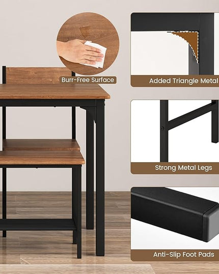 COSTWAY Dining Table Set for 4, Rectangular Kitchen Table Set with Bench and 2 Chairs, Storage Rack & Metal Frame, 4-Piece Dining Room Table and Chairs Set for Small Space, Apartment (Brown)