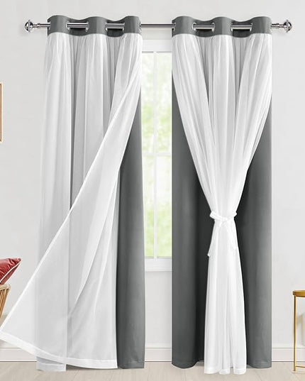 Hiasan Grey Blackout Curtains with Sheer Overlay, Grommet Thermal Insulated Privacy Mix & Match Double Layer Room Darkneing Curtains for Bedroom, Living Room, 2 Window Panels with Tiebacks, 38W X 84L