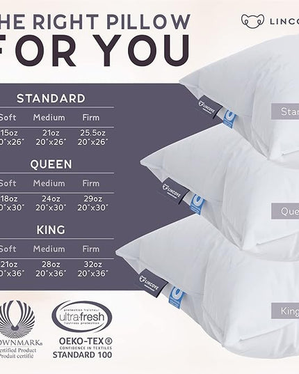 Lincove Signature 100% Natural Canadian White Down Pillow - Luxury Sleeping Pillow for Back, Stomach & Side Sleepers - 800 Fill Power, 500 Thread Count, Made in Canada, Queen - Medium, 1 Pack