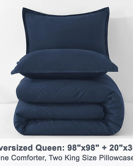 Litanika Navy Blue Comforters Oversized Queen Size, 3 Pieces Lightweight Solid Bedding Comforter Set, All Season Fluffy Bed Set (98x98In Comforter & 2 Pillowcases)