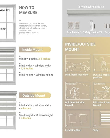 Zebra Blinds for Windows Custom Size Light Filtering Roller Shades Privacy Dual Light Control Dual Layer Easy to Install for Home Custom Size White