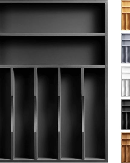 Kitchen Bamboo Silverware Organizer, Kitchen Drawer Organizer - Utensil Holder and Cutlery Tray with Grooved Drawer Dividers for Flatware 7 Slot, Black