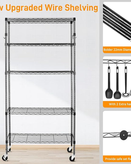 5 Tier Storage Shelves with Wheels, 1750lbs Capacity Heavy Duty Shelving Units, 14x36x75inch Adjustable Metal Shelf Wire Shelving Rack for Garage, Kitchen, Office, Black