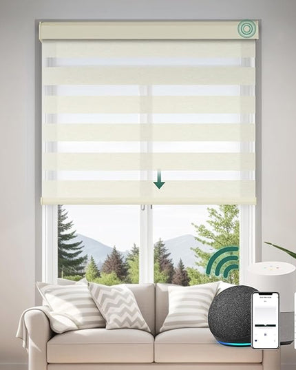 Cordless Motorized Zebra Blinds for Windows with Remote, Custom Smart Semi Sheer Zebra Shades Compatible with Alexa Google, Automatic Electric Light Filtering Zebra Roller Shades, Beige