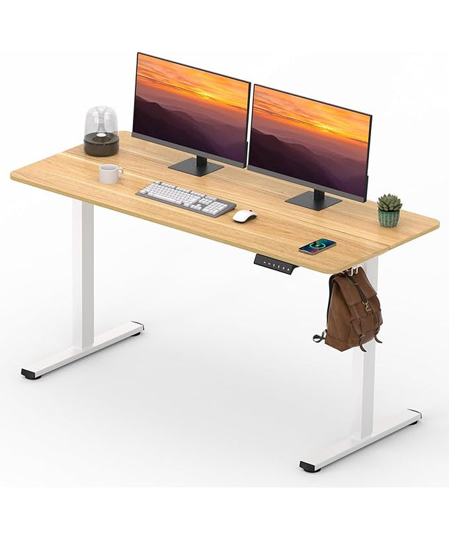 Adjustable Stand Up Desk with Memory Preset,Electric Standing Desk 55x 24 Inch Home Office Desk Computer Workstation Sit Stand Desk, Splice Maple Top + White Frame