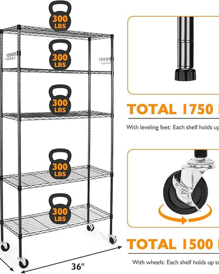 5 Tier Storage Shelves with Wheels, 1750lbs Capacity Heavy Duty Shelving Units, 14x36x75inch Adjustable Metal Shelf Wire Shelving Rack for Garage, Kitchen, Office, Black