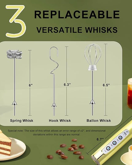 YUSWKO Champagne Gold Handheld Milk Frother Wand for Coffee, Rechargeable Electric Whisk with 3 Heads 3 Speeds Drink Mixer Coffee Frother For Latte, Cappuccino, Hot Chocolate, Egg