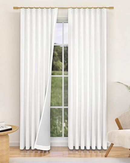 YZ HOME 90 Inch Pinch Pleated Linen Full Blackout Curtains 2 Pages for Living Room White Thick 100% Room Darkening Curtains Pinch Pleat Double Layer Drapes Drapes for Dining Bedroom