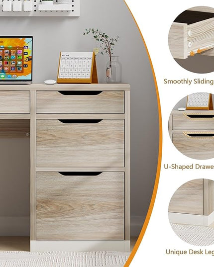 52 Inch Desk with 4 Drawers, Computer Desk with Storage File Cabinet for Bedroom, Small Office Desk with Storage for Small Space, White and Walnut