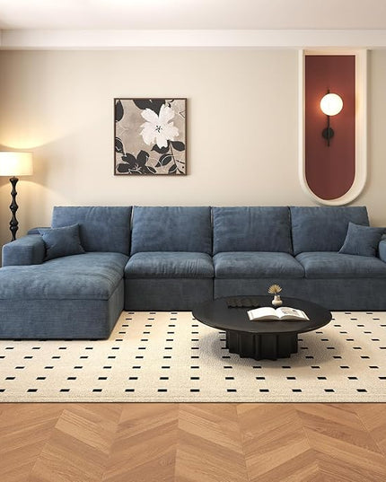 136.6'' L-Shaped Modern Modular Sectional Cloud Couch, 4-Seat Chenille Deep-Seat Sofa with Pillow for Living Room, Bedroom, Apartment, Ocean Blue