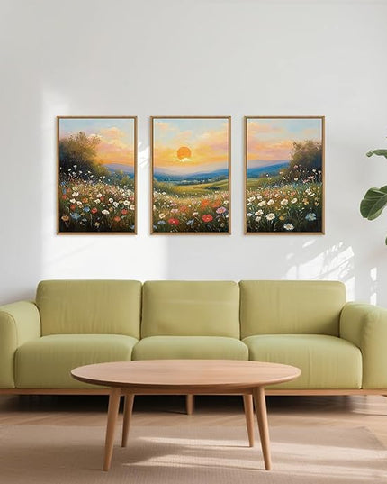 HOURIA Watercolor Sunset Floral Meadow Landscape Framed Canvas Wall Art Set,Boho Vibrant Colorful Wildflower Decor,Modern Nature Inspired Scenery Artwork for Living Room,Bedroom,Farmhouse-16 x24 x3