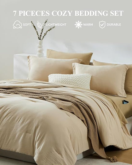 WRENSONGE Oversized Queen Comforter Set - 7 Pieces Beige Bed in a Bag Queen with Sheets, 2 Pillow Shams, and 2 Pillowcases- Warm Bedding Sets Queen for All Season
