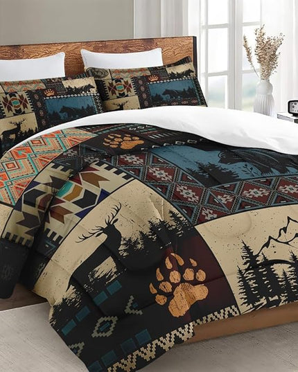 Full Size Comforter Set with 2 Pillowcases, Deer Bear Wildlife 3 Pcs Bedding for Kids and Adults, Black Brown Country Soft Comforter Set for Bedroom Bed Decor