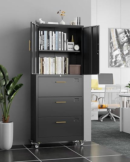 METAN Metal File Cabinet with 3 Drawers and 1 Shelves,Office Filing Cabinet on Wheels with Lock,Office Storage for Letter/Legal Size,Assembly Required,Black