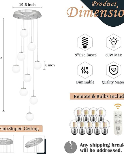 KoKo&Yukina 9-Light Globe Milky White Glass Pendant Light Adjustable Length Pendant Lights Modern Glass Globe Pendant Lights Nickel Chandeliers Large Chandeliers for High Ceiling (Bulb & Remote Incl)