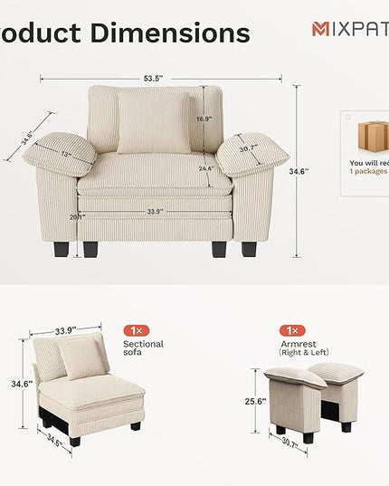 53.5" Cloud Modular Sectional Single Sofa, Deep Seat Armchair with Plush Corduroy & Removable Arms for Living Room, Beige