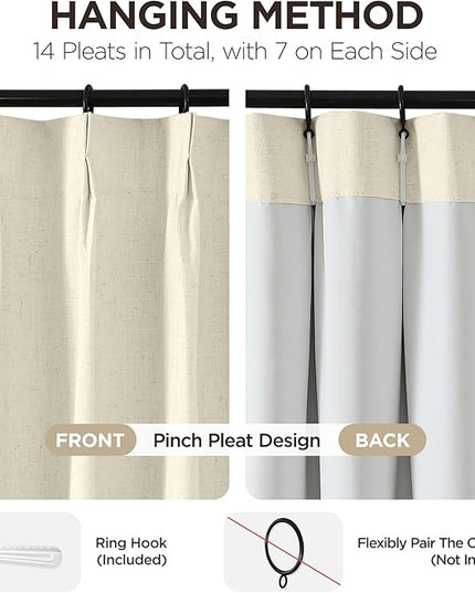 Joydeco 100% Blackout Pleated Curtains, Linen Window Curtains 2 Panel Sets 108 inches Long, Thermal Insulated Darkening Drapes for Bedroom(Linen,40'' Wx108'' L)