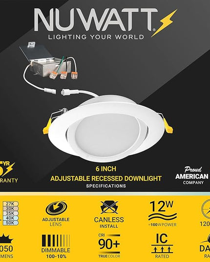 NUWATT 6 inch Gimbal LED Recessed Light Canless Wafer Lights, 5CCT 2700K/3000K/3500K/4000K/5000K, Dimmable, 1050LM, 12W, Ultra-Thin Angled Recessed Lighting Directional LED Downlight, ETL, 6 Pack