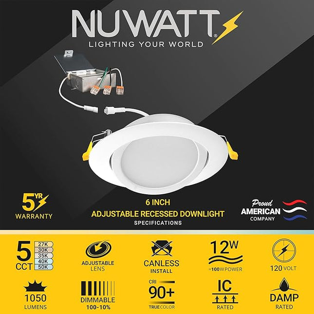 NUWATT 6 inch Gimbal LED Recessed Light Canless Wafer Lights, 5CCT 2700K/3000K/3500K/4000K/5000K, Dimmable, 1050LM, 12W, Ultra-Thin Angled Recessed Lighting Directional LED Downlight, ETL, 6 Pack
