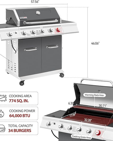 Royal Gourmet GA5404G 5-Burner Propane Gas Grill with Side Burner & Warming Rack, Outdoor BBQ Grill with 64,000 BTUs Output & 774 Sq. in. Cooking Area for Outdoor Barbecue, Grey