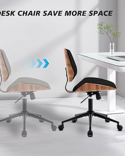 Armless Desk Chair with 360°Swivel Wheels, Ergonomic Adjustable Height Computer Chair for Home Office,PU Leather with Modern Walnut Drafting Chairs for Office, Reading Nook(Black)