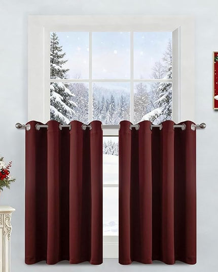 Yakamok 36 Inch Blackout Curtains for Kitchen, Grommet Sunlight Block Energy Saving Window Drapes for Bedroom Bathroom, Burgundy Red, 52Wx36L, 2 Panels