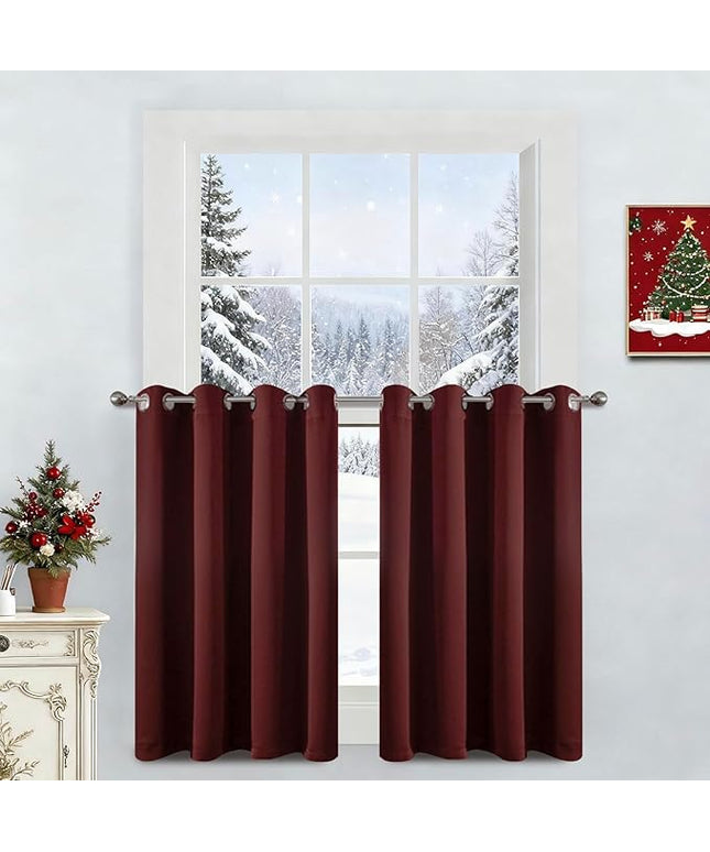 Yakamok 36 Inch Blackout Curtains for Kitchen, Grommet Sunlight Block Energy Saving Window Drapes for Bedroom Bathroom, Burgundy Red, 52Wx36L, 2 Panels