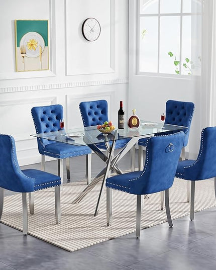 51" Glass Dining Table Set for 6, Modern Dining Room Table Set for 6, Silver X-Shape Pedestal Glass Table with 6pcs Blue Dining Chairs, 7 Piece Dining Set for Dining Living Room