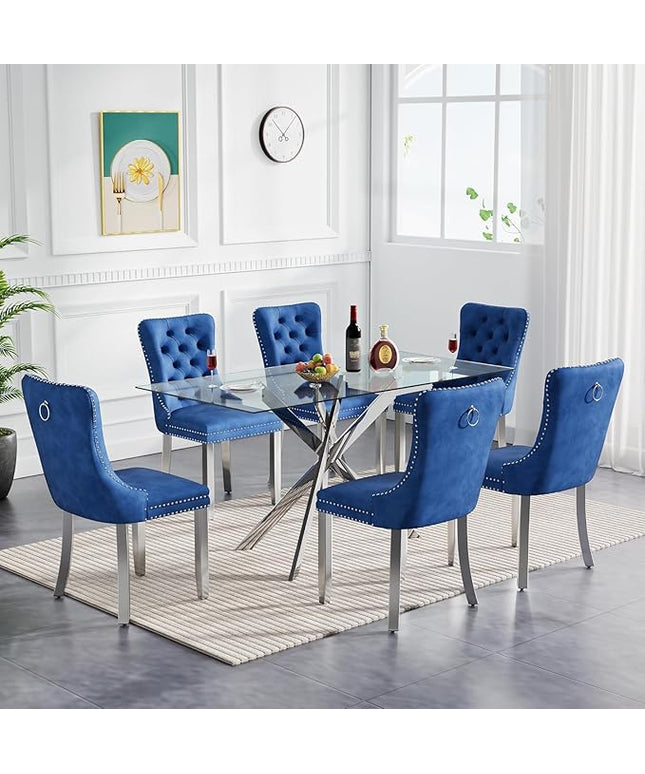 51" Glass Dining Table Set for 6, Modern Dining Room Table Set for 6, Silver X-Shape Pedestal Glass Table with 6pcs Blue Dining Chairs, 7 Piece Dining Set for Dining Living Room