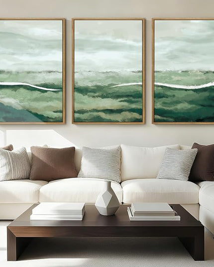 ANHUIB Green Wall Art 16x24 Inch Large Canvas Wall Art Abstract Watercolor Wall Decor Misty Landscape Art Prints Framed Neutral Paintings Set of 3 for Living Room Bedroom Ofice
