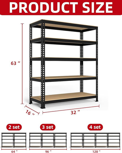PrimeZone 32" W x 16" D x 63" H Storage Shelves - 3 Pack 5 Tier Adjustable Garage Storage Shelving, Heavy Duty Metal Storage Utility Rack Shelf Unit for Warehouse Pantry Closet Kitchen, Black
