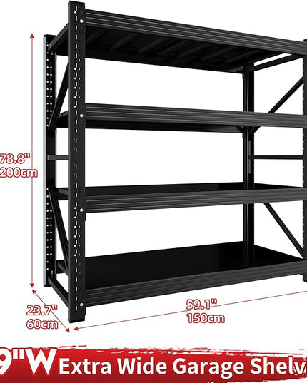 5000LBS Heavy Duty Garage Shelving 59" W Garage Storage Shelves 4-Tier Metal Adjustable Shelf Unit Storage Rack for Basement Supermarket Warehouse 59" W x 24" D x 78" H Black
