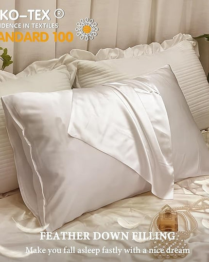 BHZ White Satin Goose Down Feather Pillows King Size Set of 2 with Pillowcase for Hair and Skin, Cooling Pillow Cases Similar to Silk Pillow Cases, Decorative for Women, Mom Men
