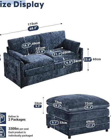 Tbfit Living Room Furniture Set, Loveseat Couch & Ottoman, Modern Comfy Cloud Sofa Set, Spring Seat Cushions, Chenille, Blue