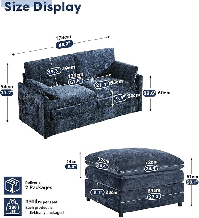 Tbfit Living Room Furniture Set, Loveseat Couch & Ottoman, Modern Comfy Cloud Sofa Set, Spring Seat Cushions, Chenille, Blue