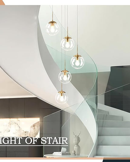 KoKo&Yukina 5-Light Globe Glass Pendant Light Adjustable Length Pendant Lights Modern Gold Clear Globe Glass Chandelier High Ceiling Lights Fixtures for Foyer Staircase Entryway (Bulb & Remote Incl.)