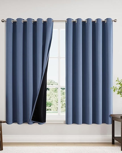 ChrisDowa 100% Blackout Curtains 63 inch Long for Bedroom with Black Liner, Extra Wide 2 Thick Layers Total Blackout Thermal Insulated Grommet Window Curtains 2 Panels Set (Stone Blue, 60 x 63 Inch)
