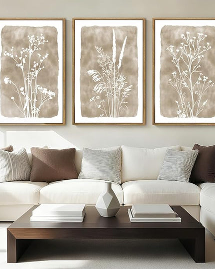ANHUIB Beige Artwork 16x24 Inch Framed Beige Floral Wall Art Large Neutral Wildflower Wall Decor Vintage Plant Art Prints Set of 3 for Living Room Bedroom Office