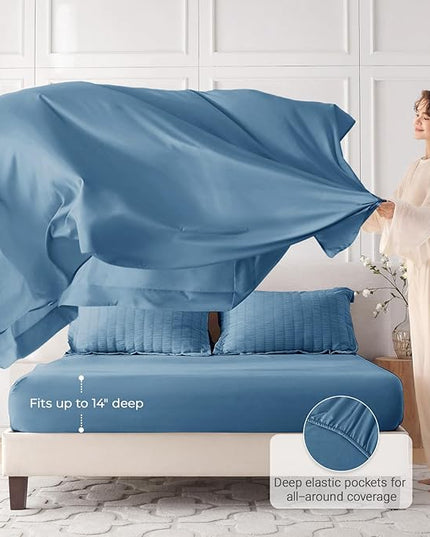 MUXHOMO 7 Pieces Full Comforter Set, Seersucker Bed in a Bag Full Size, All Season Luxury Bedding Set with Comforter, Flat Sheet, Fitted Sheet, Pillowcases & Shams, Mineral Blue