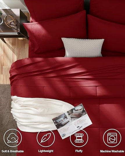 CozyLux King Size Comforter Set Dark Red, 7 Pieces Bed in a Bag, Red Comforter King Size, All Season Bedding Sets with Stitch Quilted Comforter, Flat Sheet, Fitted Sheet, Pillowcases