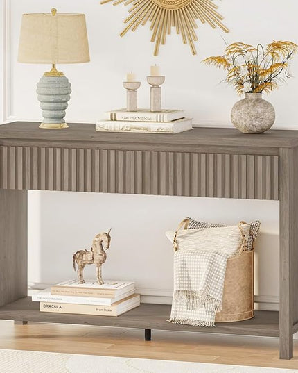BON AUGURE Console Table with Storage, Entryway Table with Drawers, 47In Couch Tables Behind Sofa, Sofa Tables with Two-Tier Shelf for Living Room, Hallway, Front Door, Greige Oak